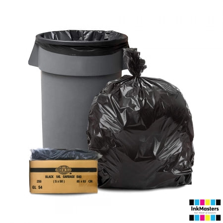 54L Black Heavy Duty Refuse Sacks / Bin Liners, 21um, 5x50 (250 Garbage Bags)