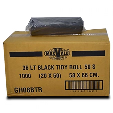 36L Black Medium-Large Trash Bags / Bin Liners, 20x50 Rolls (1000 Tidy Bags)